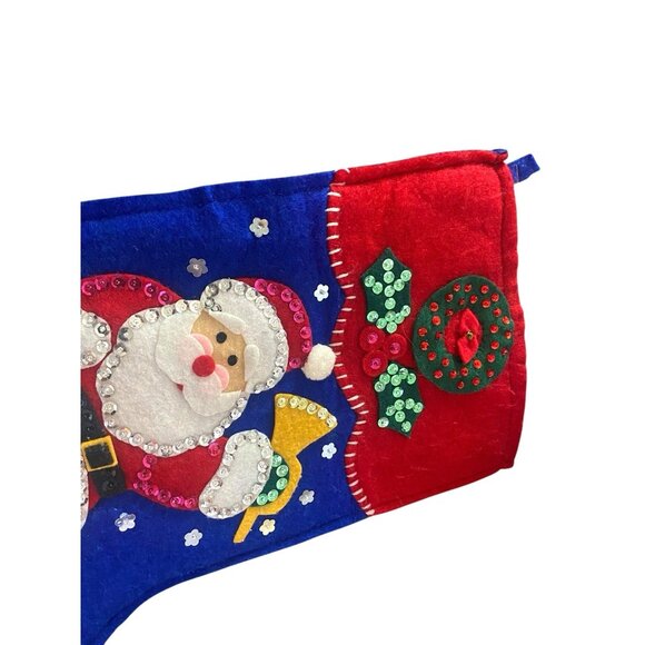 Vintage Christmas Felt Applique Stocking Sequins Jeweled Santa Claus Chimney - Picture 3 of 4